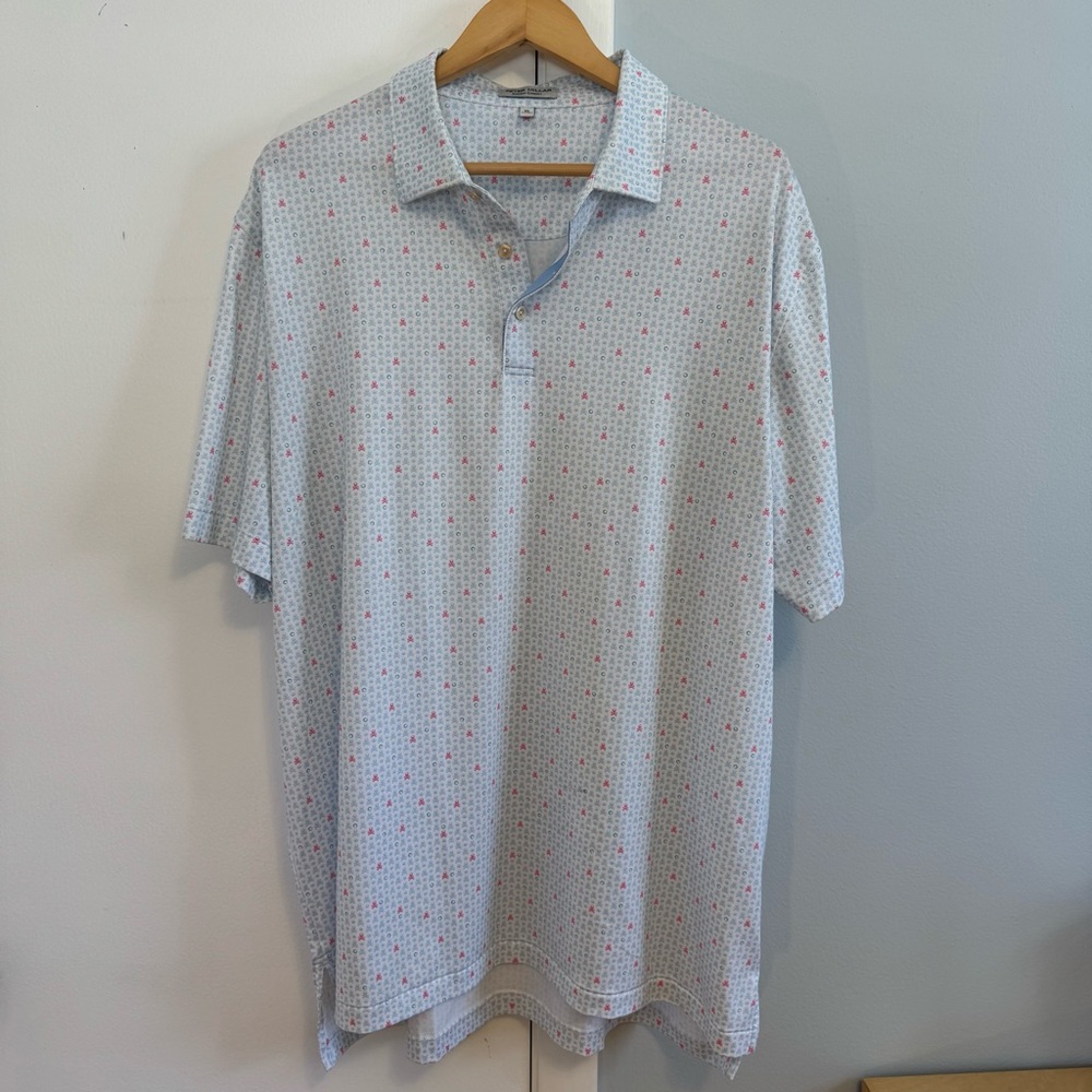 Peter Millar Summer Comfort Blue Polo with Pink Skulls. Men’s XL